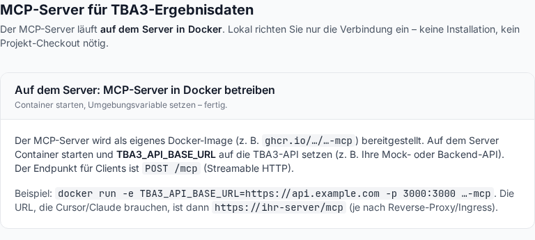Der Reiter „Hilfe“ der Demoanwendung: Überschrift „MCP-Server für TBA3-Ergebnisdaten“, darunter ein Kasten „Auf dem Server: MCP-Server in Docker betreiben“ mit dem Beispielaufruf für den Container.