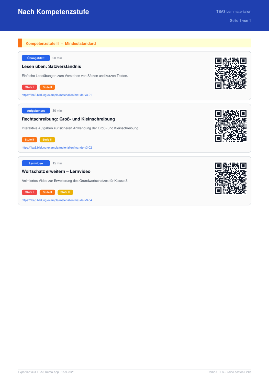 Eine Seite im Format A4 mit dem Titel „Nach Kompetenzstufe“, darunter ein farbiger Balken für die Kompetenzstufe und drei Materialkarten mit QR-Code.